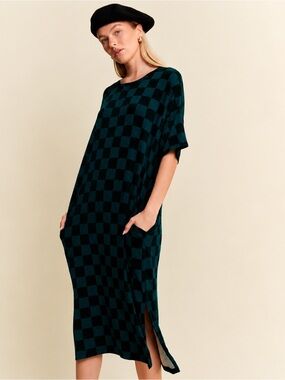 Blending In Is Boring Checkered Ribbed Dress in Totally Teal Medium
